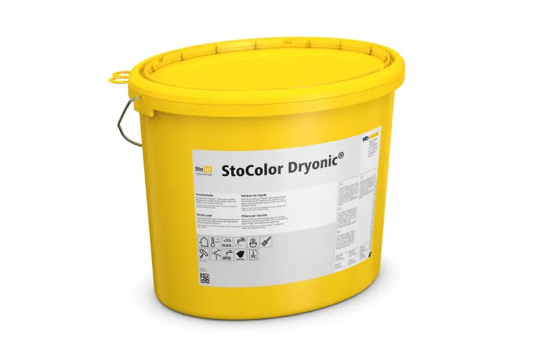 Produktbild, gelber Eimer mit der Fassadenfarbe StoColor Dryonic®