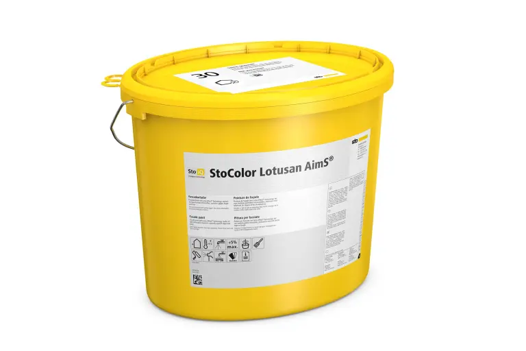 Produktbild, gelber Eimer mit der Fassadenfarbe StoColor Lotusan AimS®