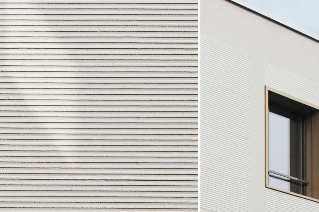 StoSignature Oberfläche, Detailansicht Putzfassade, grobe lineare Putztexur