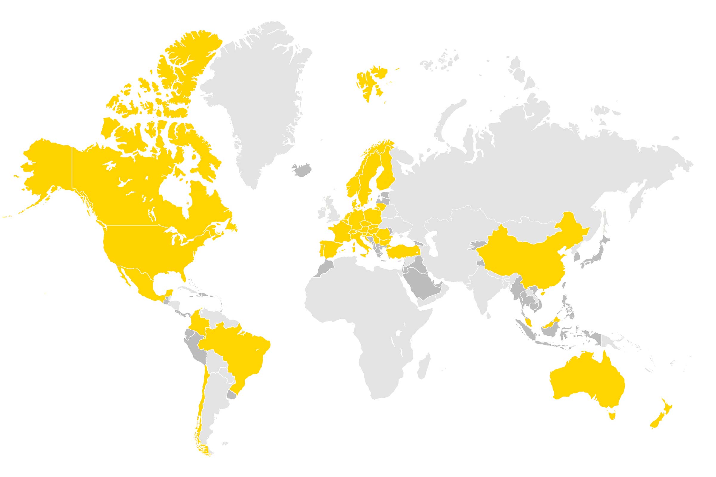 Világtérkép, amelyen sárga és szürke jelölésekkel látható, hogy a Sto hol van jelen a világon.